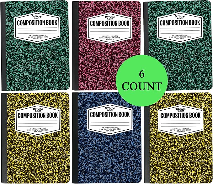 THREE LEAF 100 SHEETS WIDE RULED 9-3/4" x 7-1/2" COLOR COMPOSITION NOTEBOOK, PACK OF 6, WRITING JOURNAL NOTEBOOK, HOME SCHOOL SUPPLIES FOR COLLEGE STUDENTS & K-12, SEWN BINDING HARD COVER COLOR