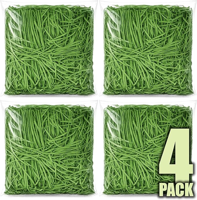 Crinkle Recyclable Paper Shred Filler for Basket Filling, Party Decoration & Gift Wrapping ? Green Basket Grass Stuffers, 7 oz (0.44 lb - 200 g) Total, 4 Pack (50 g Each)
