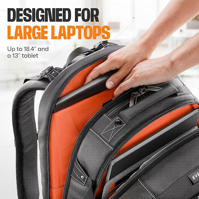 EVERKI Business 120 Laptop Backpack 40L with Rain Cover - Large Compartment Fits Up To 18.4", Travel Friendly Lightweight Business & Office Bag, 180° Fold-Out Design, Multiple Padded Pockets, Black