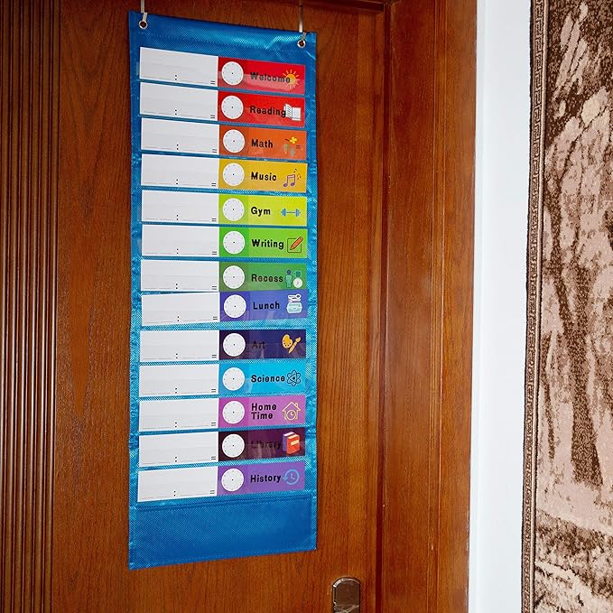Youngever Classroom Pocket Chart,13+1 Pocket, Daily Schedule Pocket Chart, 26 Double-Sided Reusable Dry-Eraser Cards (13 Color+13 Blank) Educational Charts for Classroom Office Home Preschool Activity