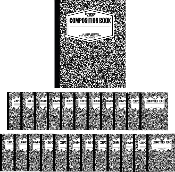 THREE LEAF 100 SHEETS COLLEGE RULED 9-3/4" x 7-1/2" COMPOSITION NOTEBOOK, PACK OF 24, WRITING JOURNAL NOTEBOOK, HOME SCHOOL SUPPLIES FOR COLLEGE STUDENTS & K-12, SEWN BINDING HARD COVER MARBLE