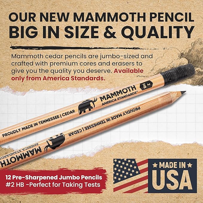 Mammoth Jumbo Pencils - 12 Pack, American-Made Cedar Pencils for Preschoolers, Kids, Carpenters, Handymen, People with Hand Issues, Comfortable Grip, Break-Resistant Graphite Core, Smudge-Free Eraser