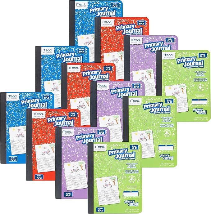 Mead Primary Journal Creative Story Tablet Composition Notebook, 7.5" x 9.75", Grades K-2, 100 Sheets, 12 Pack, Assorted Colors (610052-ECM)