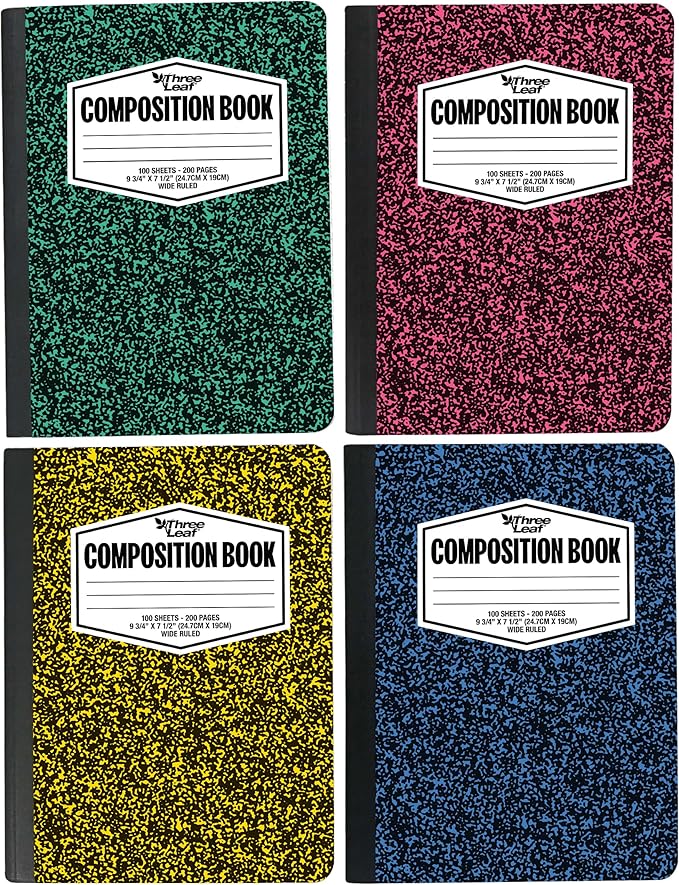 three leaf 100 SHEETS WIDE RULED 9-3/4" x 7-1/2" COLOR COMPOSITION NOTEBOOK, PACK OF 48, WRITING JOURNAL NOTEBOOK, HOME SCHOOL SUPPLIES FOR COLLEGE STUDENTS.