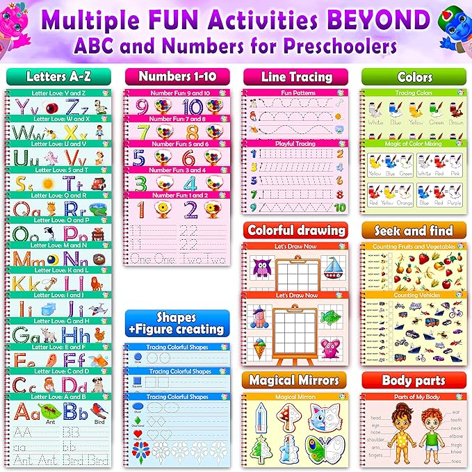 Curious 2 Learn Hardcover Preschool Activity Workbook for Kids Ages 3–5 – 32 Montessori Learning Activities with 9 Markers – ABC, Numbers, Colors & Shapes – Educational Gift for Boys & Girls