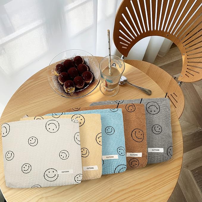 Makeup Bag For Women - Corduroy Cosmetic Bags Aesthetic Design Ladies Tote pouch Women's Pencil Case,Cute Smiley Face Makeup Organizer with Zipper (Beige)