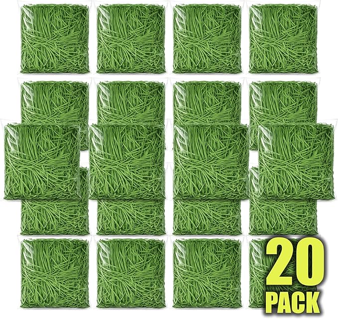 Crinkle Recyclable Paper Shred Filler for Basket Filling, Party Decoration & Gift Wrapping – Green Basket Grass Stuffers, 35.3 oz (2.2 lb - 1000 g) Total, 20 Pack (50 g Each)
