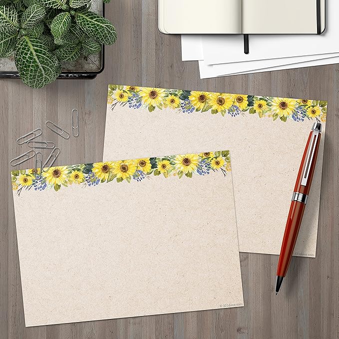321Done Sunflower Index Cards - 5x7 Cardstock, Kraft (Set of 50) - Blank, No Lines - For Studying, Learning, Flashcards, Notes, Messages, Notecards, Greeting Card Making - Pretty Floral - Made in USA