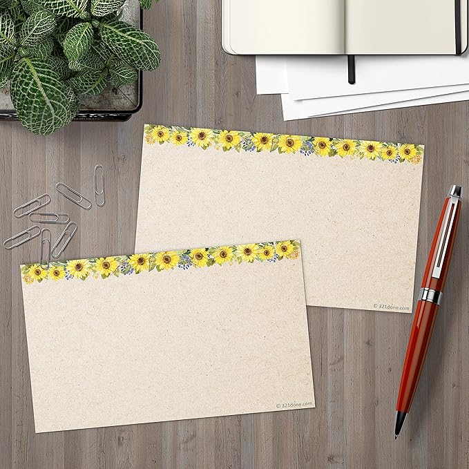 321Done Sunflower Floral Index Cards - Blank, No Lines - (50) Small 3x5 Kraft Cards - For Studying, Learning, Flashcards, Desk Notes, Messages, Notecards, Card Making - Cute, Pretty - Made in the USA