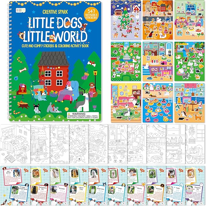 Dog Sticker Activity Book, 547 Reusable Stickers, 10 Dry-Erase Scenes & 10 Coloring Pages, Dog-Themed Activity Book, Edudogional Hands-on Travel Game - Great for Kids, Adults, Boys & Girls