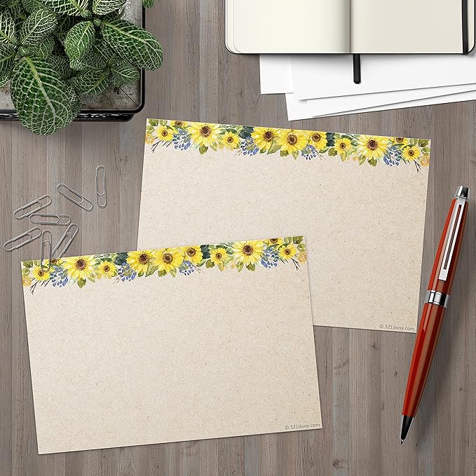 321Done Floral Sunflower Index Cards - (50) 4x6 Cards Kraft - Blank, No Lines - For Studying, Learning, Flashcards, Desk Notes, Messages, Notecards, Card Making - Cute, Pretty, Fancy - Made in USA