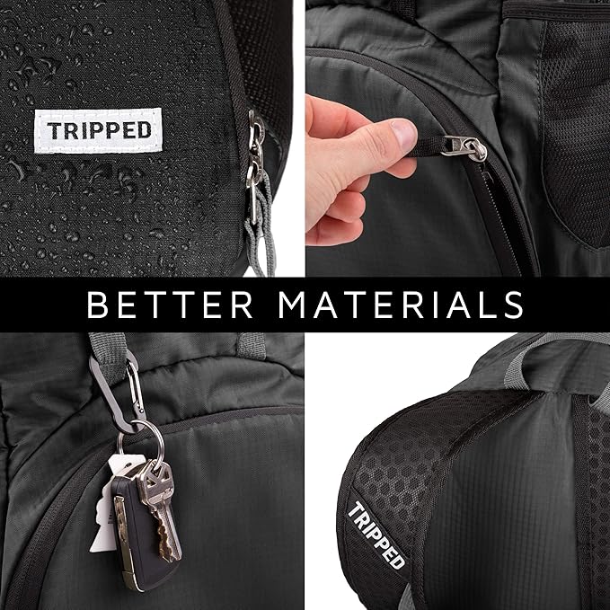 TRIPPED Travel Gear Traveling Backpack- Foldable collapsible lightweight backpack for travel (Black) 35 liters