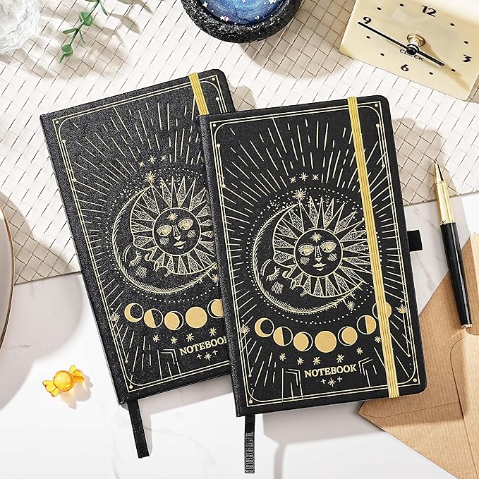 Artfan Ruled Notebook/Journal – Premium Thick Paper Classic Writing Notebook with Pocket + Page Dividers Gifts, Banded, Large, 128 Pages, Hard Cover, Lined (5.3" x 8.26") - Sun and Moon