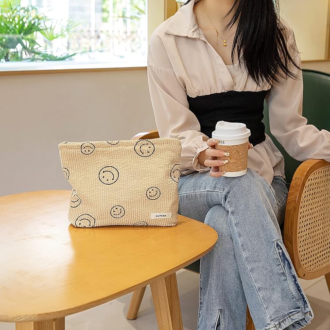 GUTGNK Makeup bag for Women, Corduroy Cosmetic Bag Aesthetic Design Ladies Tote Bag,Cute Smiley Face Makeup Organizer with Zipper - Khaki