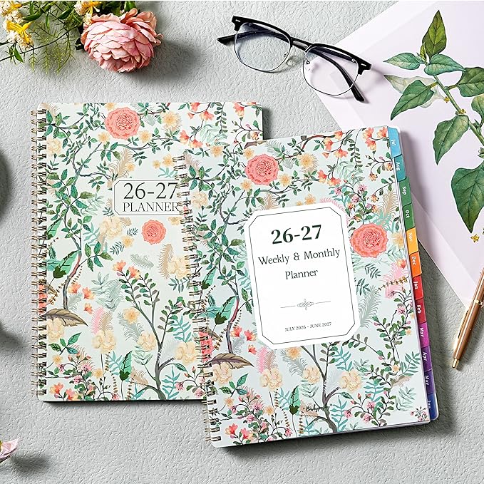 Planner 2026-2027 - Academic Planner, 9" x 11", Jul. 2026 - Jun. 2027, 2026-2027 Planner Weekly and Monthly with Colorful Tabs, Strong Twin-wire Binding, Back Pocket - Floral
