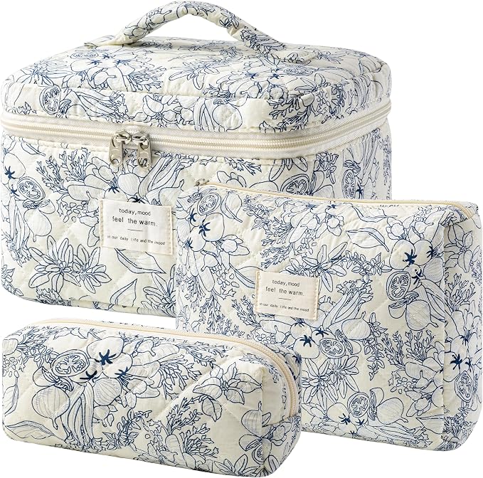 HBselect Quilted Makeup Bag, 3Pcs Cotton Large Travel Makeup Bags Organizer | Cute Floral Make up Bag Cosmetic Bag Toiletry Bag for Women Girls, Makeup Pouch for Skincare, Brushes & Travel Essentials