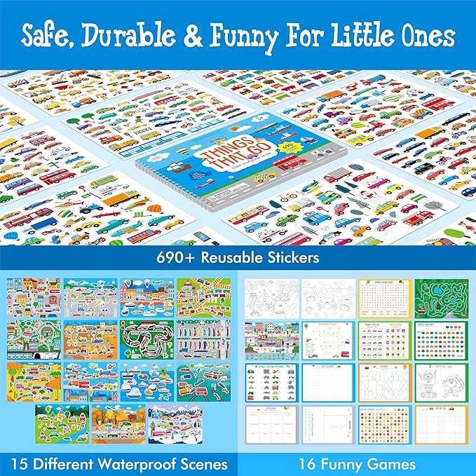 Sticker Activity Book, 690 Reusable Stickers, 15 Dry-Erase Scenes & 16 Fun Games, Side By Side Vehicle-Themed Activity Book, Educational Hands-on Travel Game - Great for Toddlers, Kids, Boys & Girls