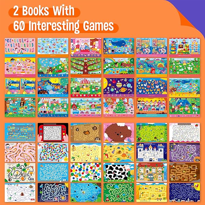 SpriteGru 2 Travel Game Pads, 60 Dry Erase Activities Games Reusable & Erasable Book, Fun Brain Challenge Games Interesting Educational Toy and Learning Tool for Road Trip Airplane Travel