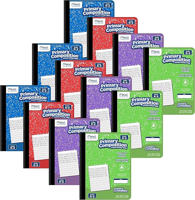 Mead Primary Composition Book, Primary Ruled Journal, Grades K-2, 7-1/2" x 9-3/4", 100 Sheets per Comp Book, Colors Will Vary, 12 Pack (610054-ECM)