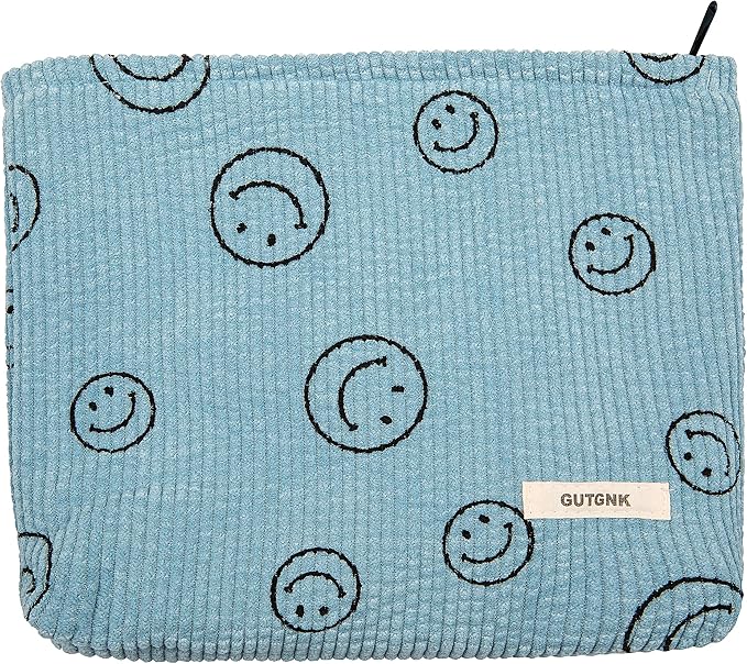 GUTGNK Makeup bag for Women, Corduroy Cosmetic Bag Aesthetic Design Ladies Tote Bag,Cute Smiley Face Makeup Organizer with Zipper - Blue