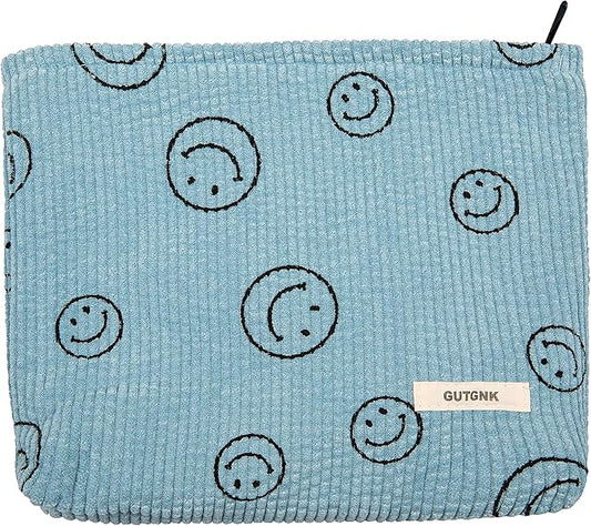 GUTGNK Makeup bag for Women, Corduroy Cosmetic Bag Aesthetic Design Ladies Tote Bag,Cute Smiley Face Makeup Organizer with Zipper - Blue